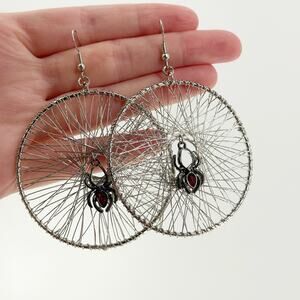 Large Goth Spider Web Hoop Earrings Silver Tone Red Gem Dangle Halloween